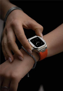 Apple Watch  Silver case  Orange Leather Strap