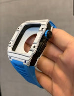 Load image into Gallery viewer, Apple Watch Case -  White Blue Carbon fibre and Raw Titanium - ZIVRRI.COM
