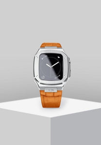 Apple Watch  Silver case  Orange Leather Strap